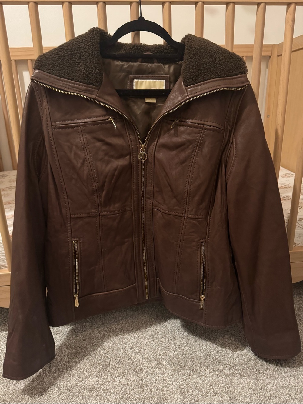 Michael Kors Dark Brown Leather Jacket with Sherpa Collar